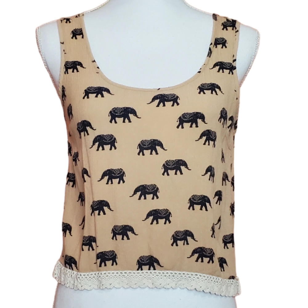 Forever 21 Tan Cream Boho Elephant Print Lace Trim Scoop Neck Tank Size S